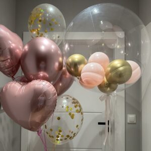 Delikatny zestaw różowo-złoty, bubble z balonikami z helem w środku Oliwia Balony