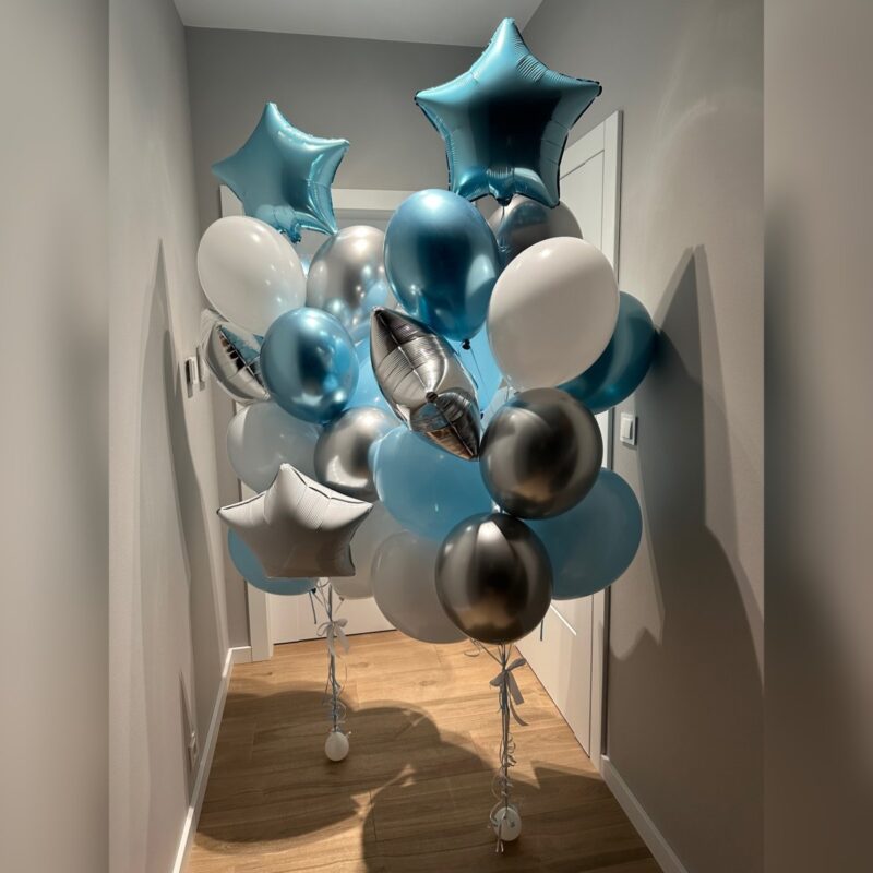 Bukiety balonowe z Helem niebiesko-srebrno-białe