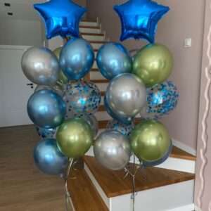 Niebiesko-zielono-srebrny bukiet balonów z helem z konfetti Oliwia Balony