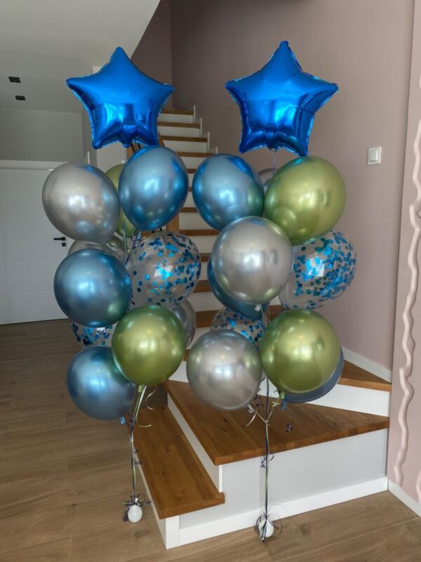 Niebiesko-zielono-srebrny bukiet balonów z helem z konfetti