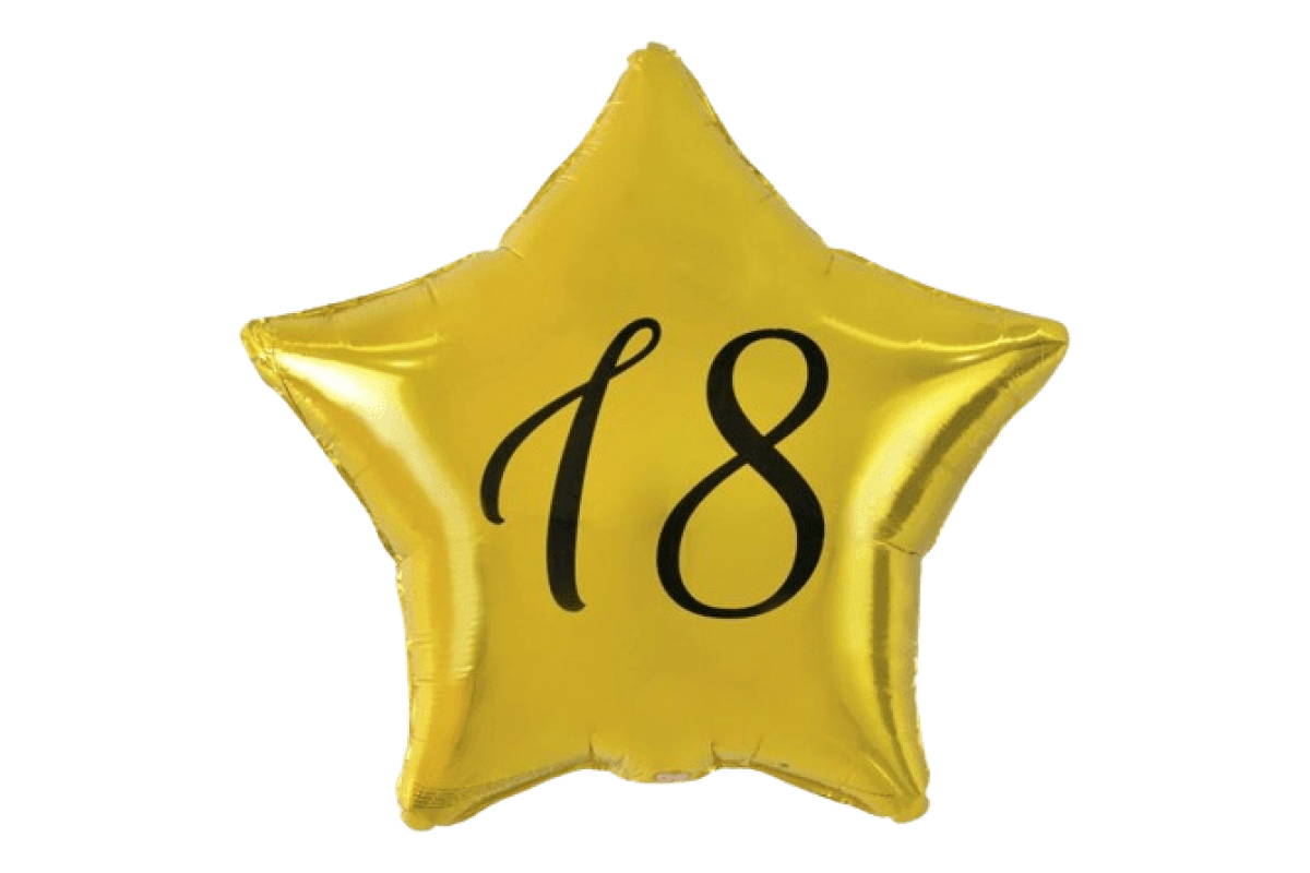 Balon foliowy z helem „18” gwiazda złota, nadruk czarny, 19″