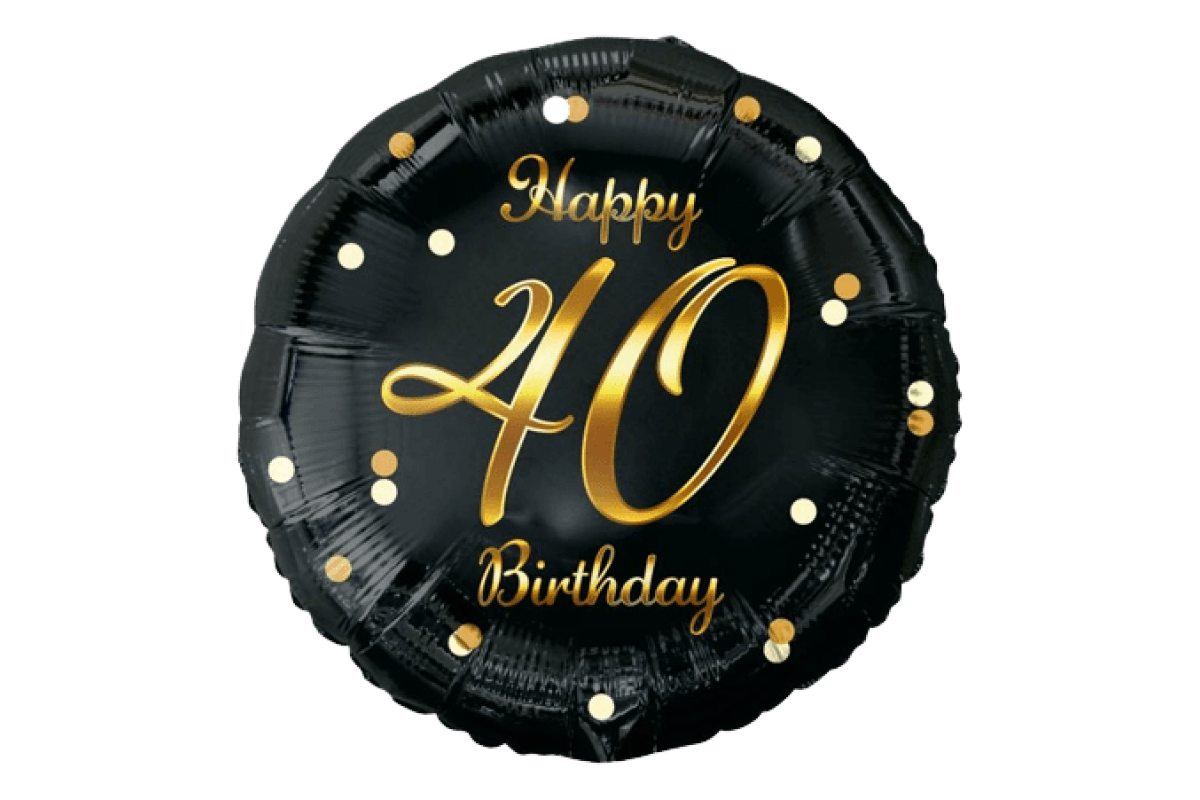 Balon foliowy z helem B&C Happy 40 Birthday, czarny, nadruk złoty, 18″