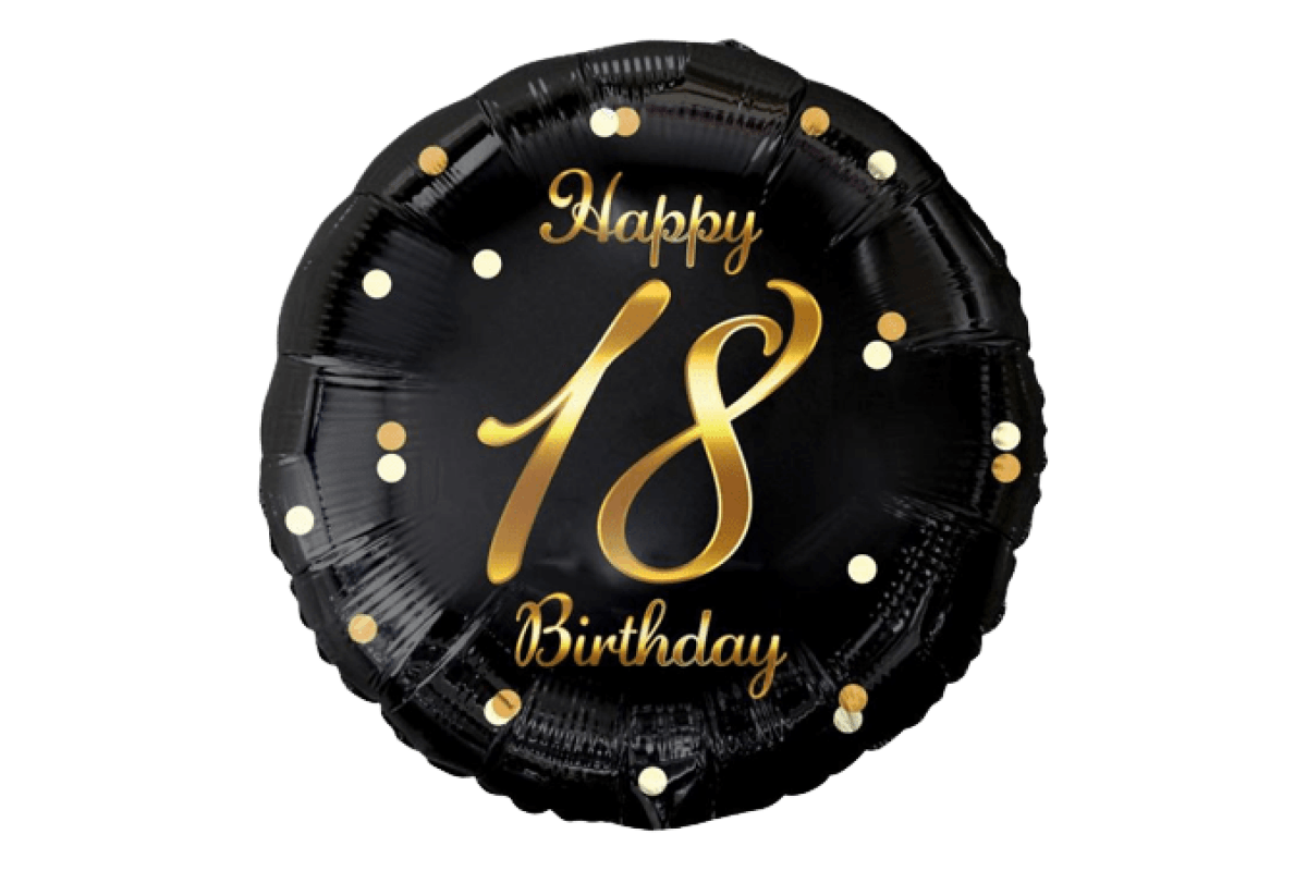 Balon foliowy z helem B&C Happy 18 Birthday, czarny, nadruk złoty, 18″