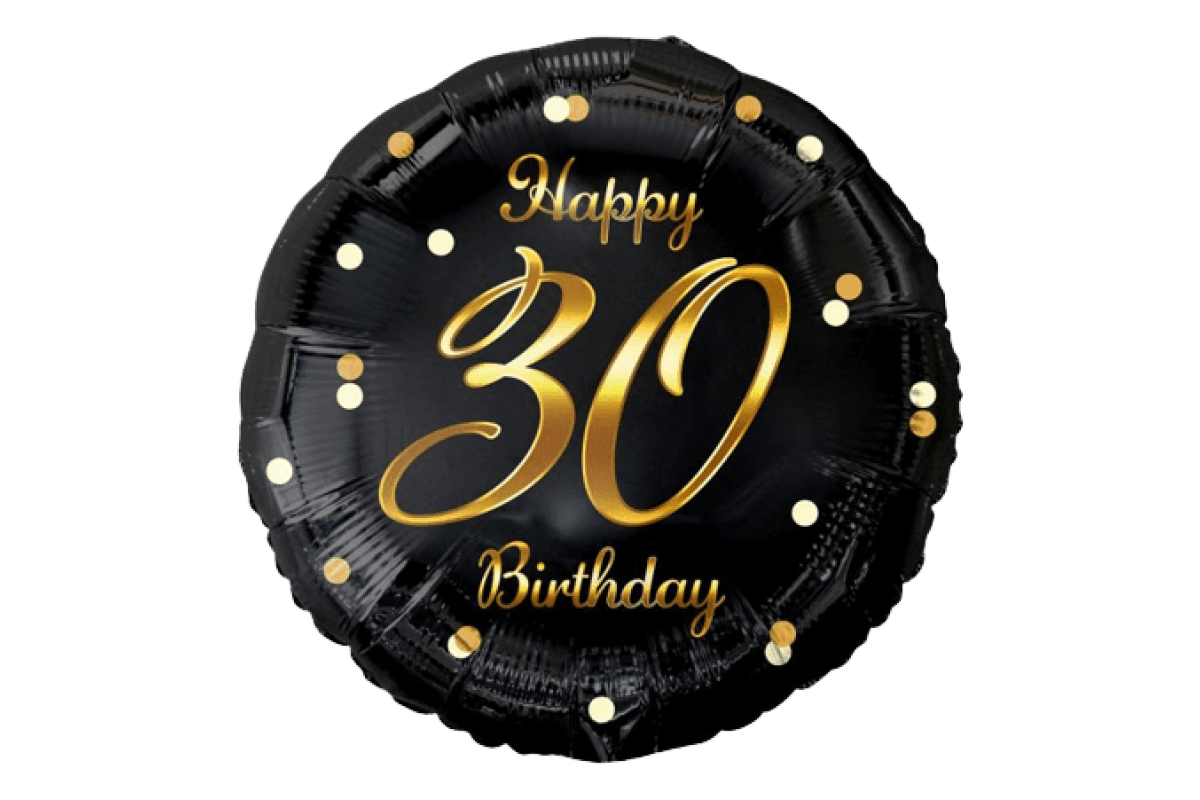 Balon foliowy z helem B&C Happy 30 Birthday, czarny, nadruk złoty, 18″