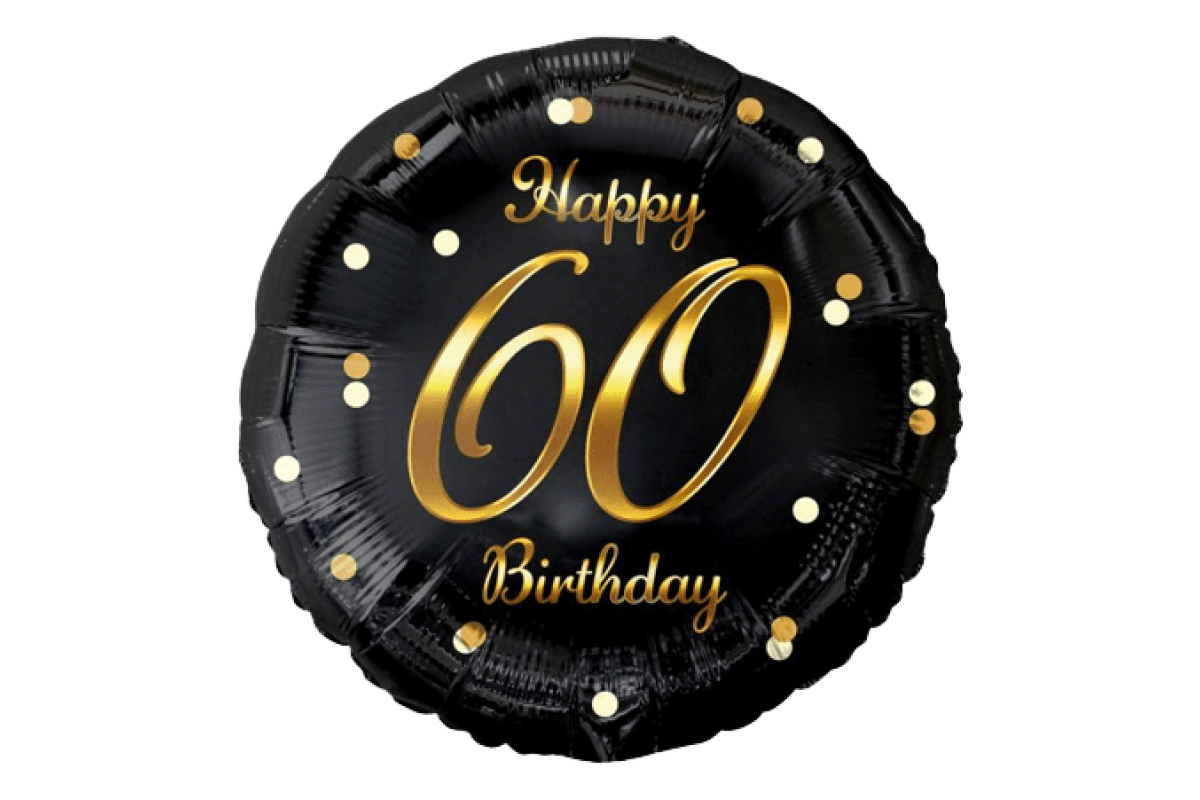 Balon foliowy z helem B&C Happy 60 Birthday, czarny, nadruk złoty, 18″