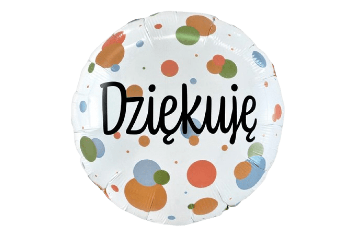 Balon foliowy z helem Dziękuję (kolorowe grochy), 18″