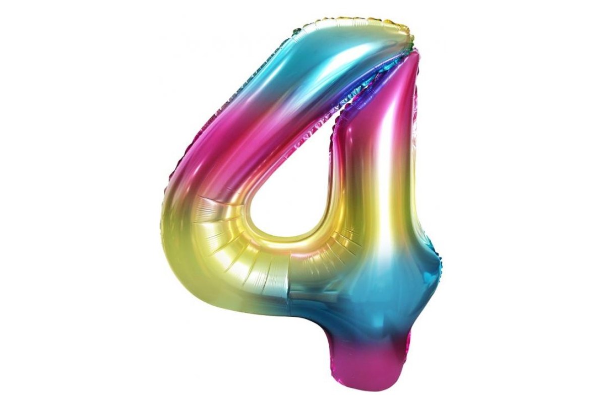 Balon z Helem Foliowy B&C Cyfra 4, tęczowa, 85 cm (różne wersje kolorystyczne)