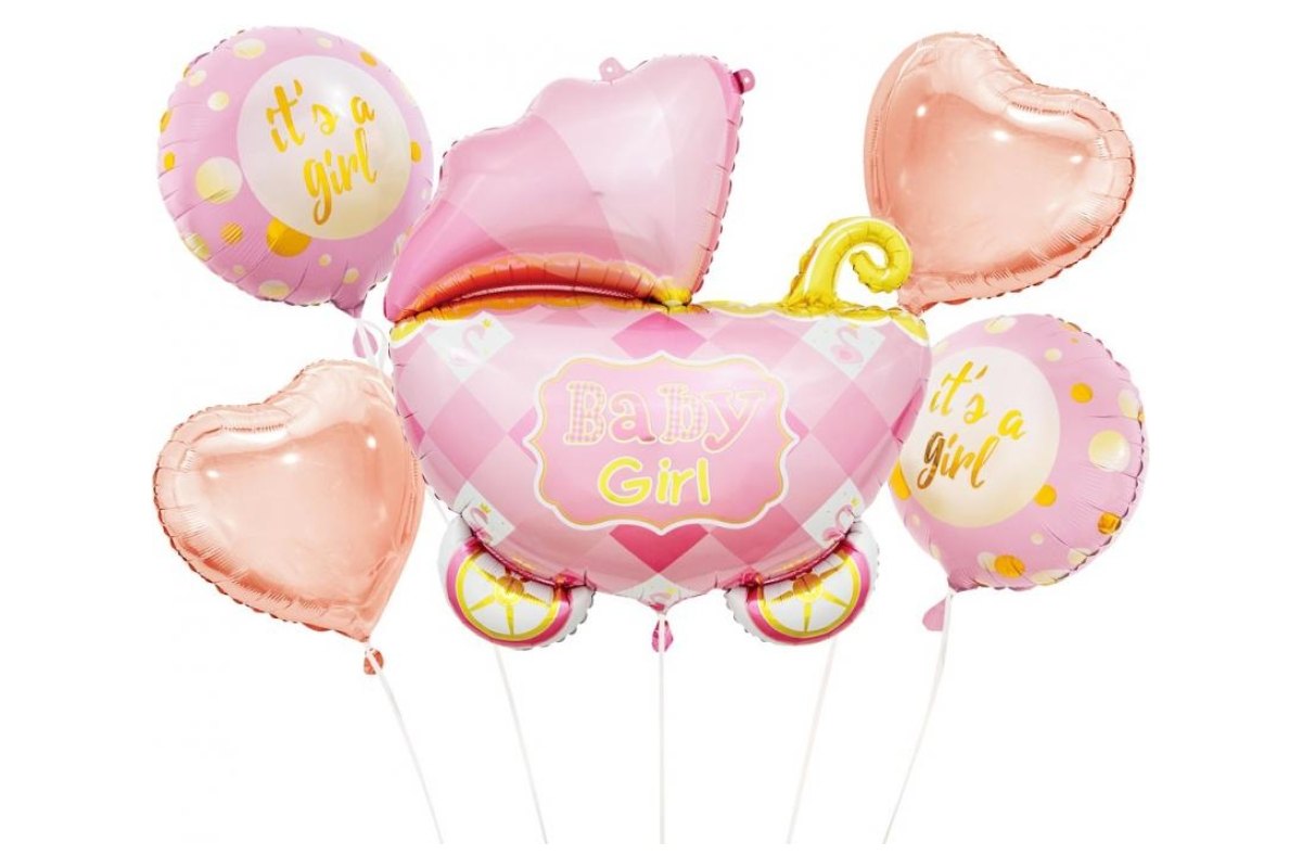 Balon Foliowy z Helem – zestaw Wózek, różowy, 5 szt.