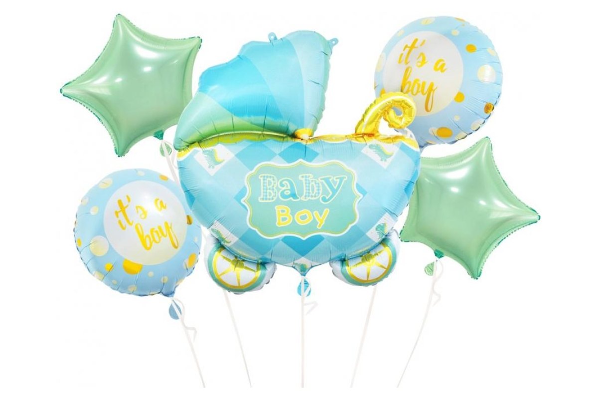 Balony Foliowe z Helem – zestaw Wózek, niebieski, 5 szt.