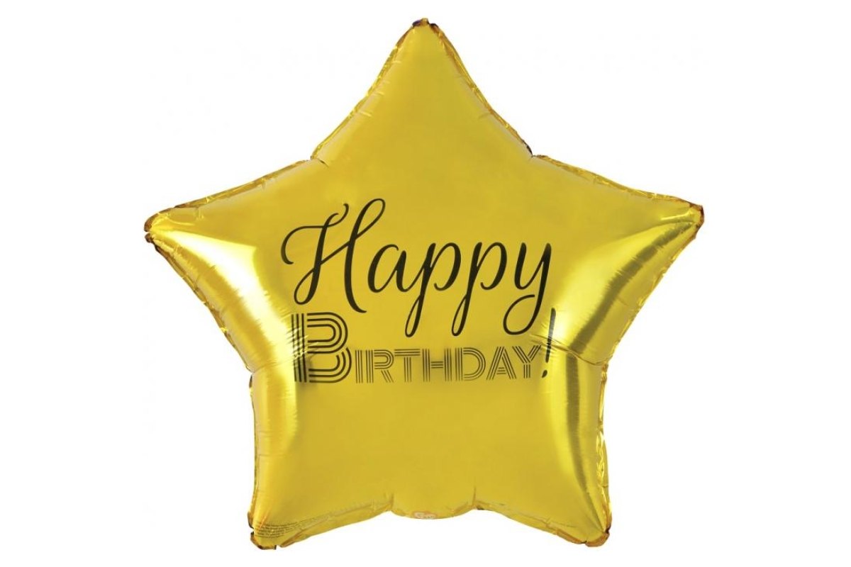 Balon foliowy z Helem Happy Birthday, gwiazda złota, nadruk czarny, 19″