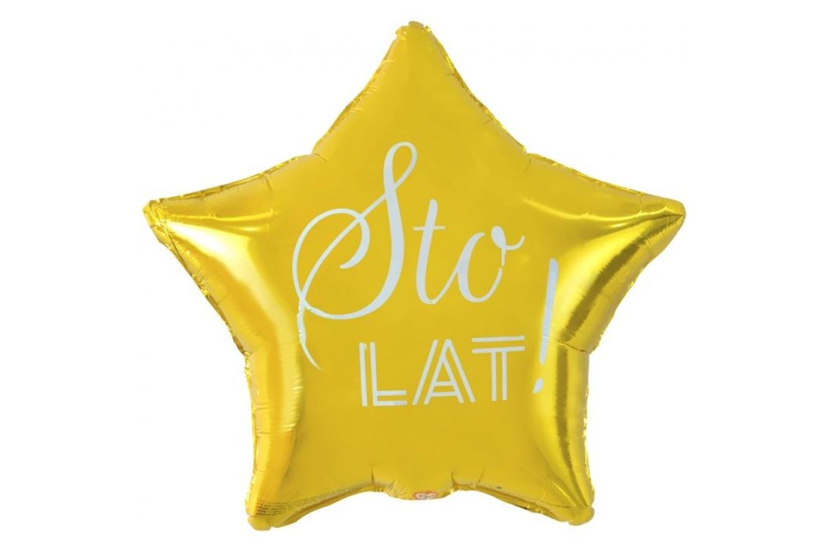 Balon foliowy z Helem Sto Lat, gwiazda złota, nadruk biały, 19″
