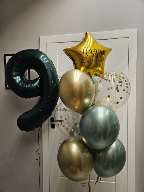 Zestaw balonowy z cyfrą zieloną 85 cm i bukietem Happy Birthday – zielone i złote balony z helem