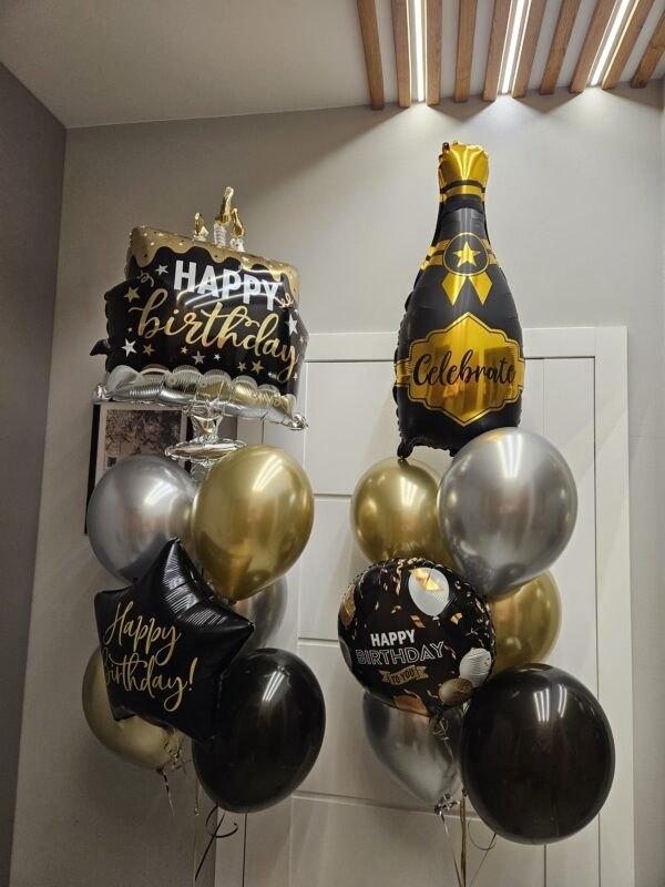 Zestaw balonowy urodzinowy dla mężczyzny – Tort, Szampan i Happy Birthday