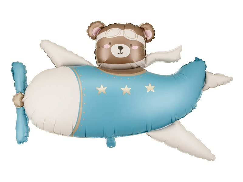 Foil balloon Bear in Airplane, 94×61 cm, light blue